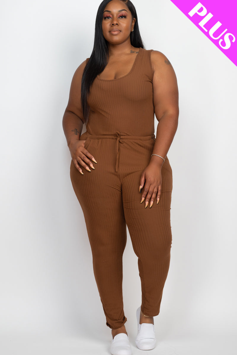 Plus Size Ribbed Sleeveless Drawstring Waist Jumpsuit