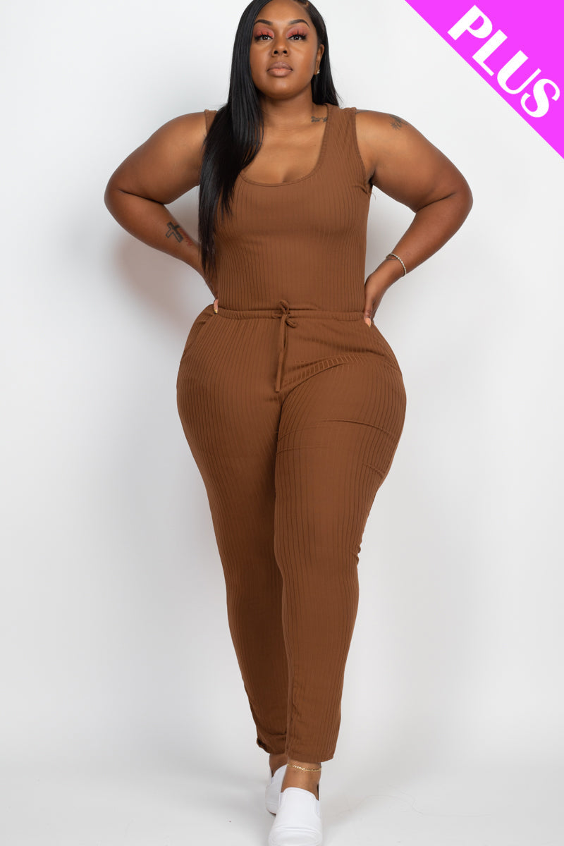 Plus Size Ribbed Sleeveless Drawstring Waist Jumpsuit