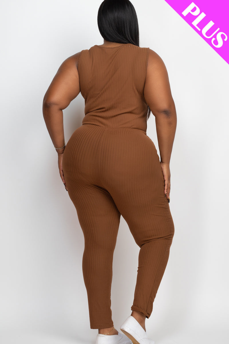 Plus Size Ribbed Sleeveless Drawstring Waist Jumpsuit