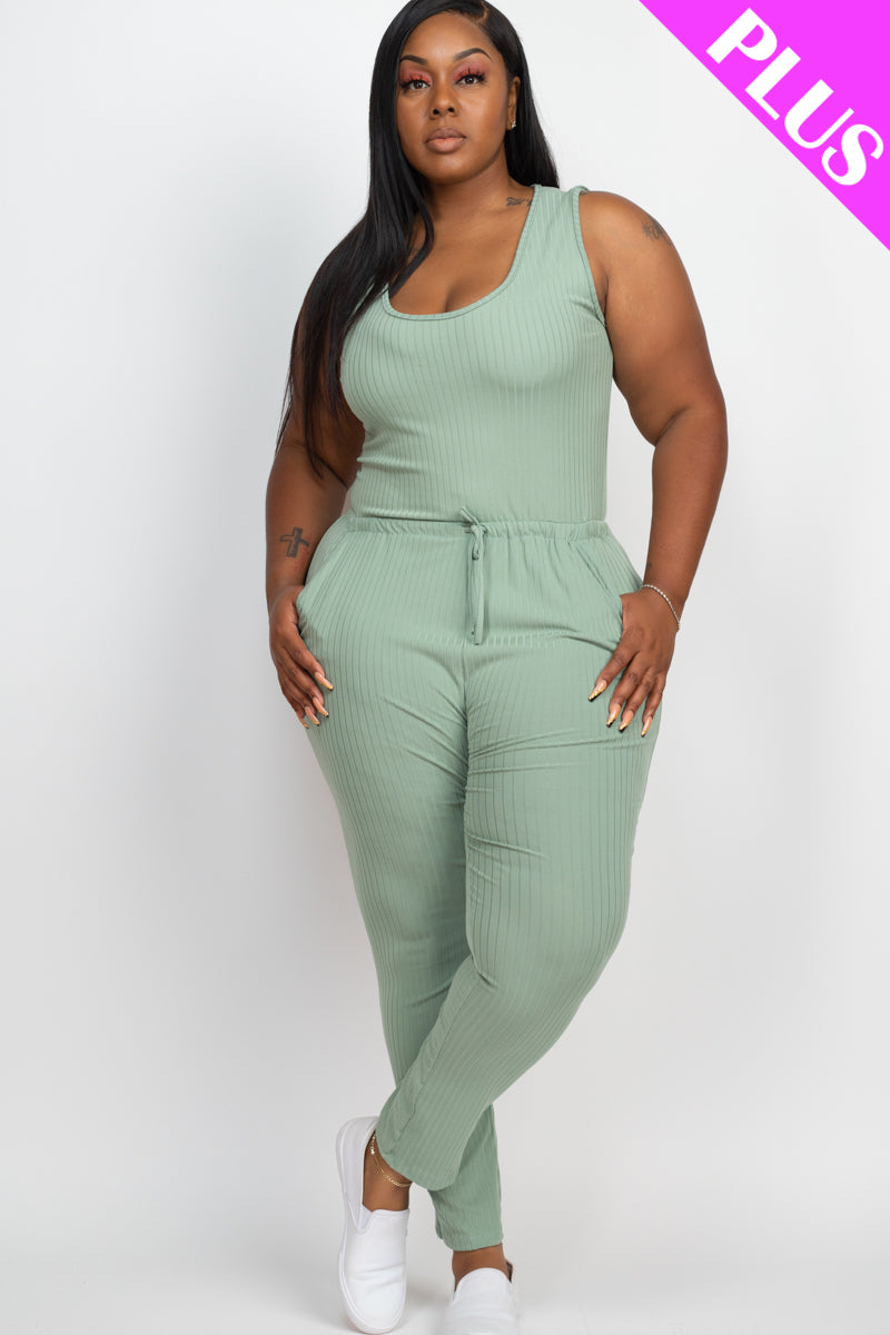 Plus Size Ribbed Sleeveless Drawstring Waist Jumpsuit