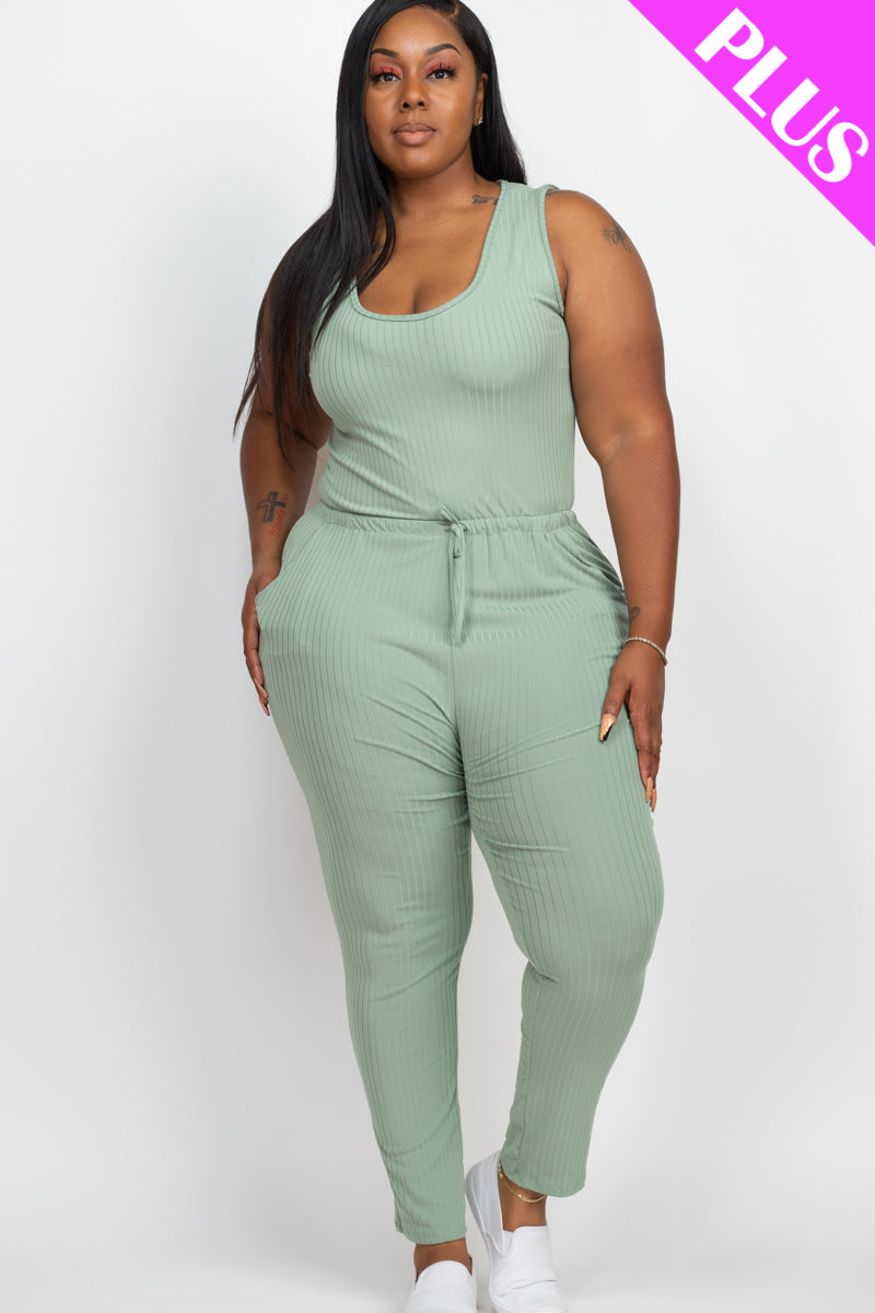 Plus Size Ribbed Sleeveless Drawstring Waist Jumpsuit