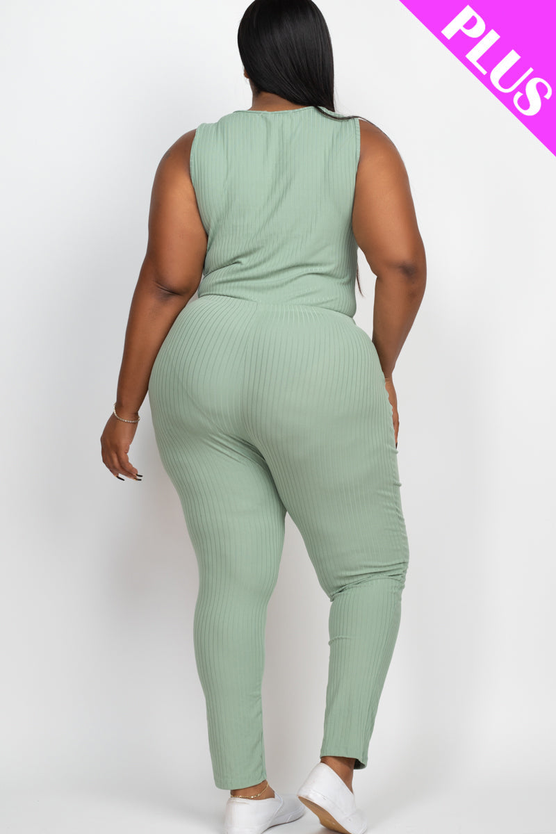 Plus Size Ribbed Sleeveless Drawstring Waist Jumpsuit