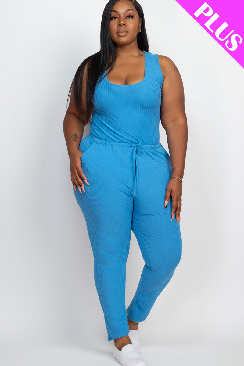 Plus Size Ribbed Sleeveless Drawstring Waist Jumpsuit