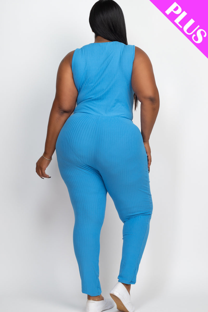 Plus Size Ribbed Sleeveless Drawstring Waist Jumpsuit