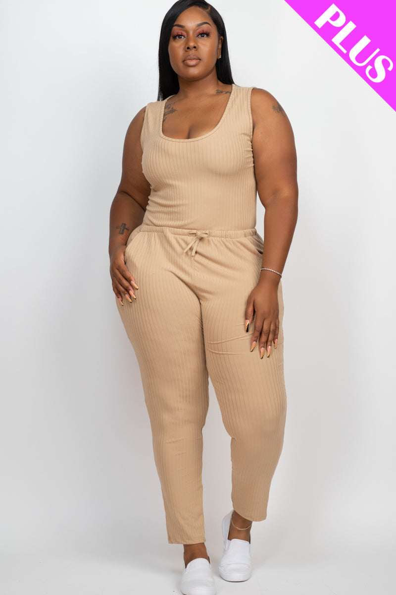 Plus Size Ribbed Sleeveless Drawstring Waist Jumpsuit