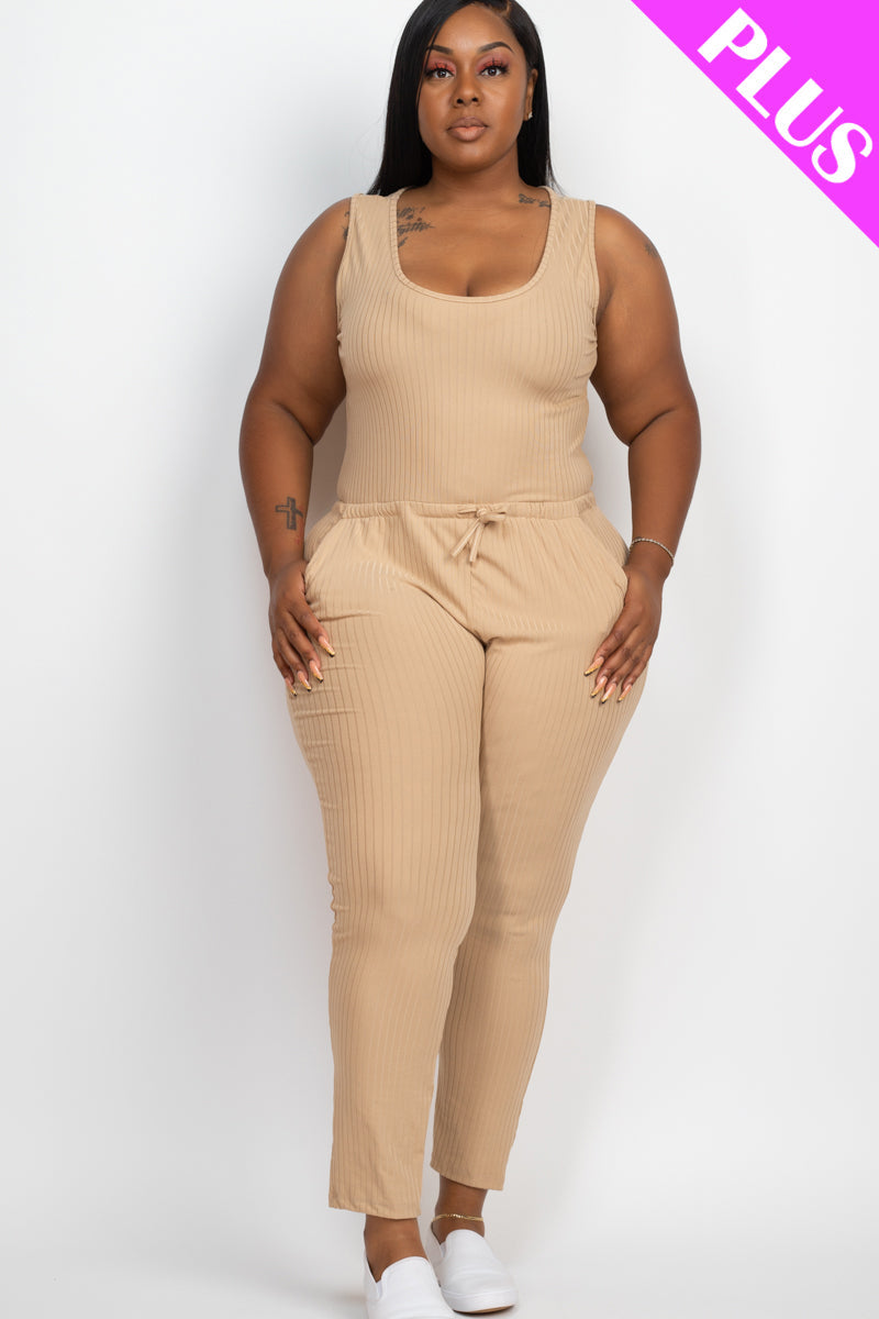 Plus Size Ribbed Sleeveless Drawstring Waist Jumpsuit