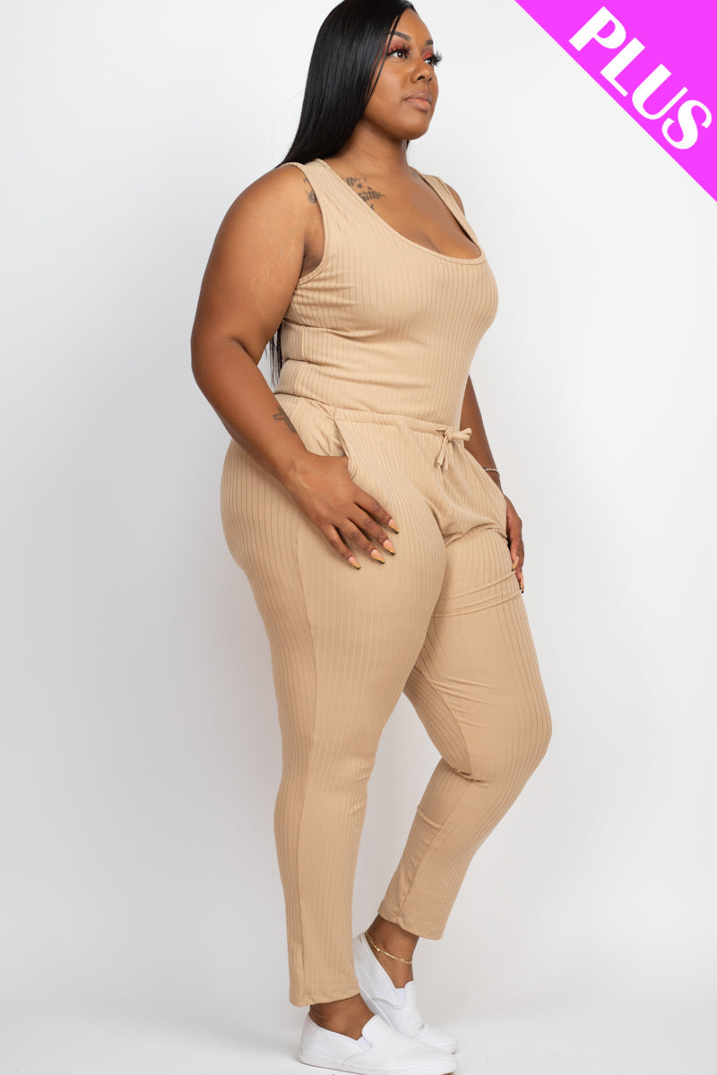 Plus Size Ribbed Sleeveless Drawstring Waist Jumpsuit