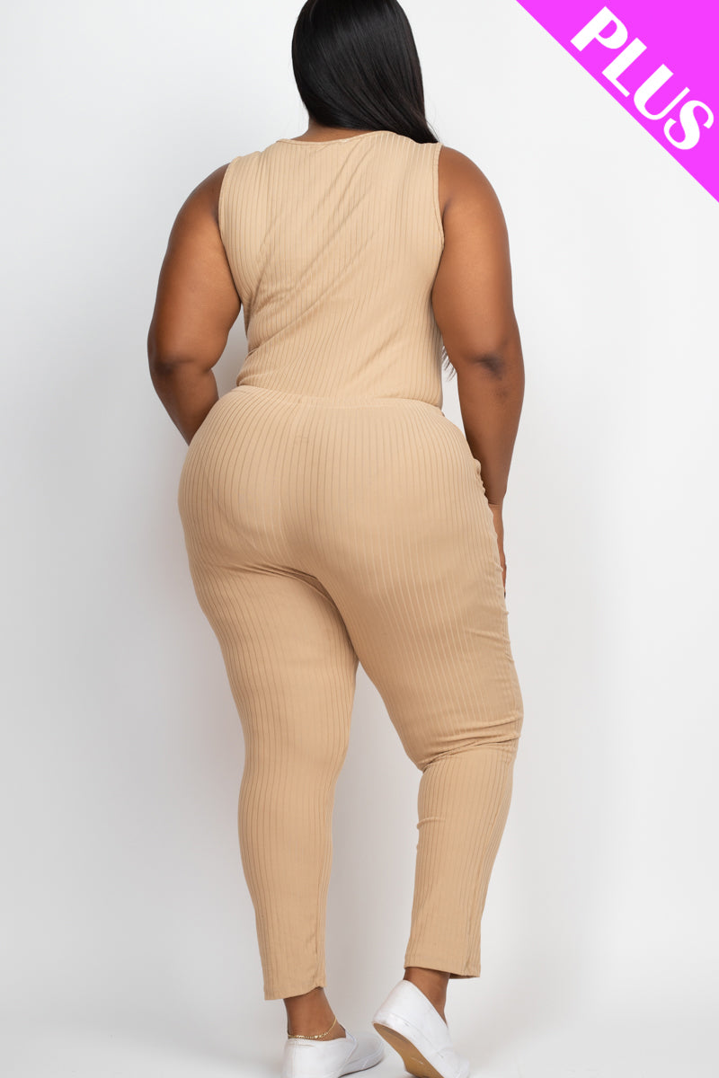 Plus Size Ribbed Sleeveless Drawstring Waist Jumpsuit