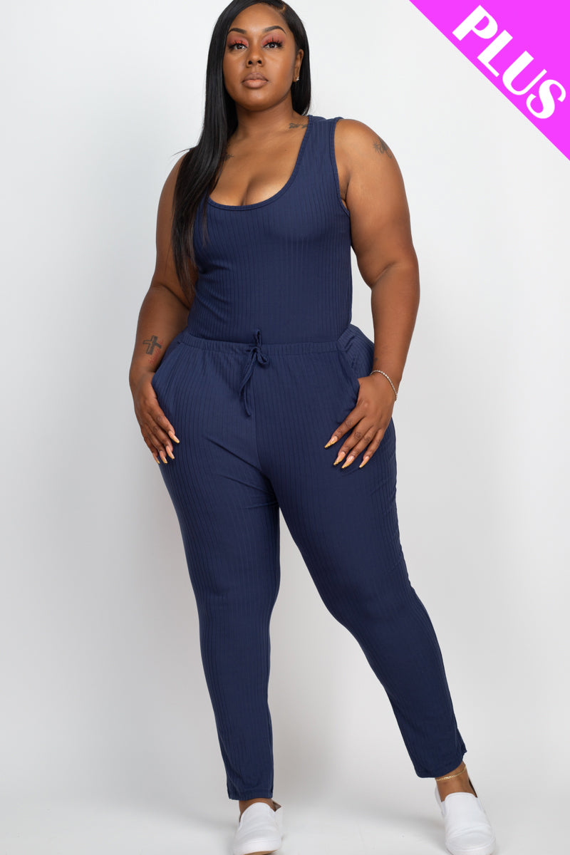 Plus Size Ribbed Sleeveless Drawstring Waist Jumpsuit