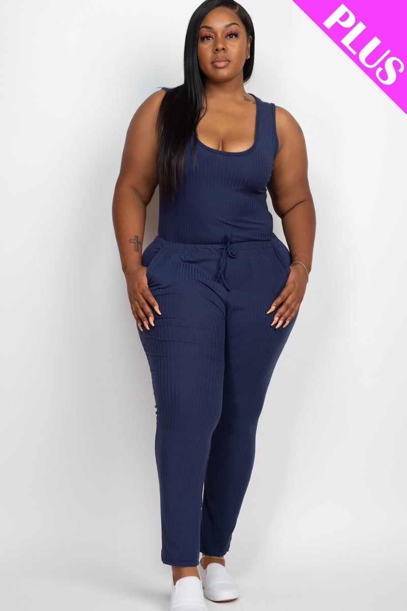 Plus Size Ribbed Sleeveless Drawstring Waist Jumpsuit