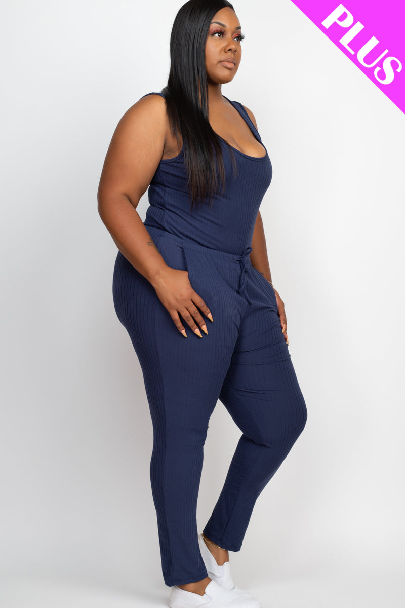 Plus Size Ribbed Sleeveless Drawstring Waist Jumpsuit