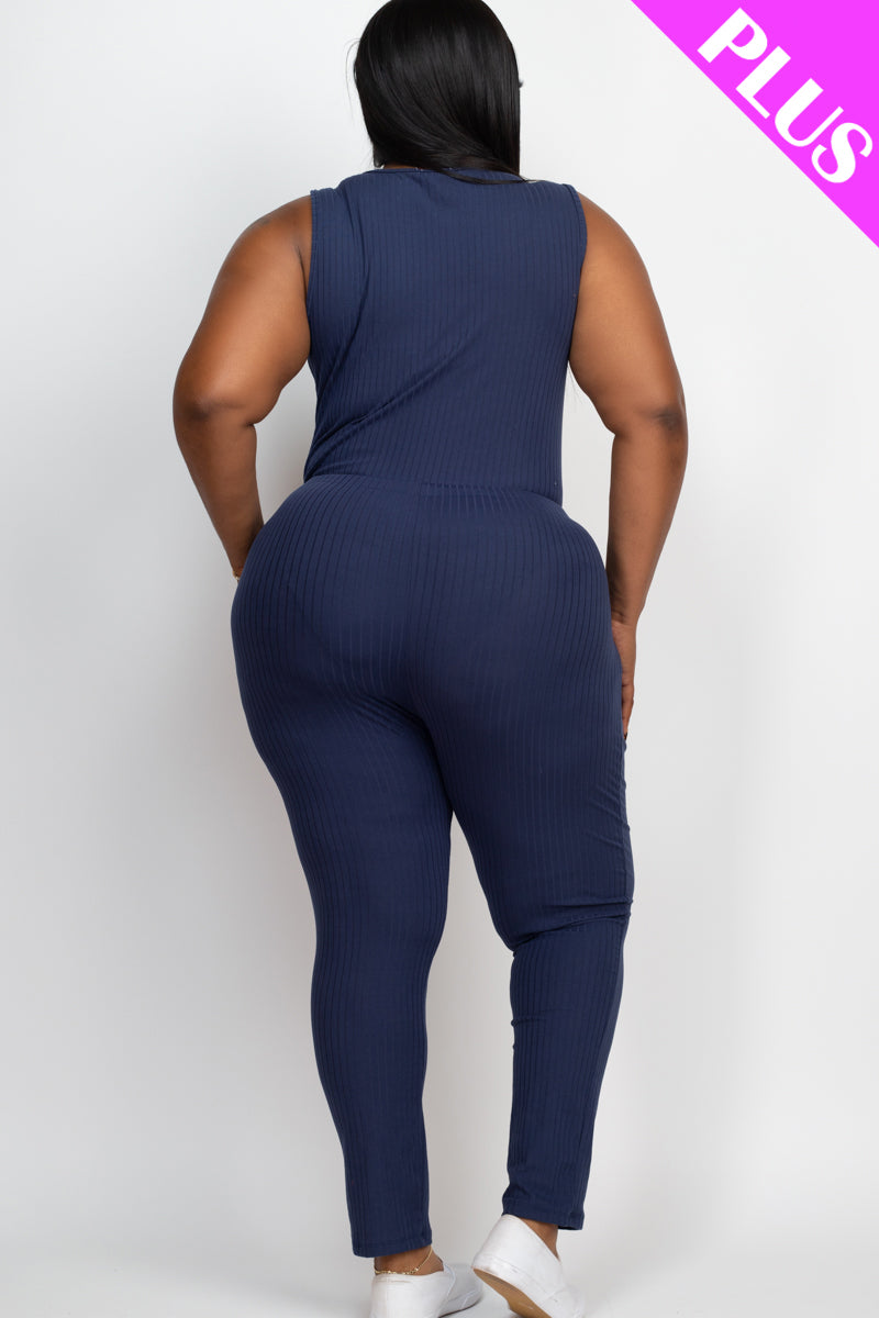 Plus Size Ribbed Sleeveless Drawstring Waist Jumpsuit