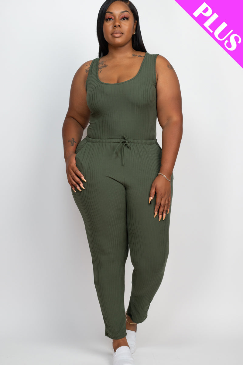 Plus Size Ribbed Sleeveless Drawstring Waist Jumpsuit