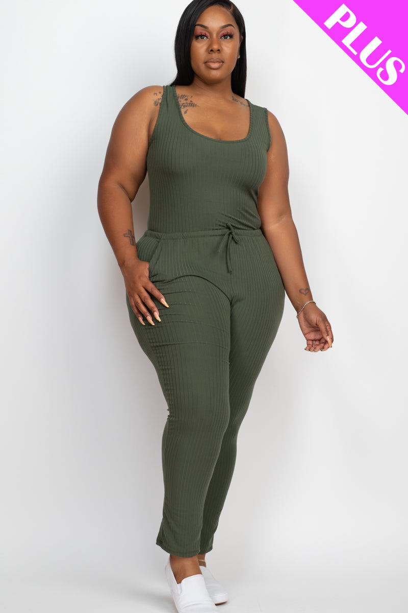 Plus Size Ribbed Sleeveless Drawstring Waist Jumpsuit