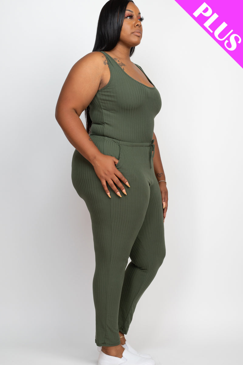 Plus Size Ribbed Sleeveless Drawstring Waist Jumpsuit