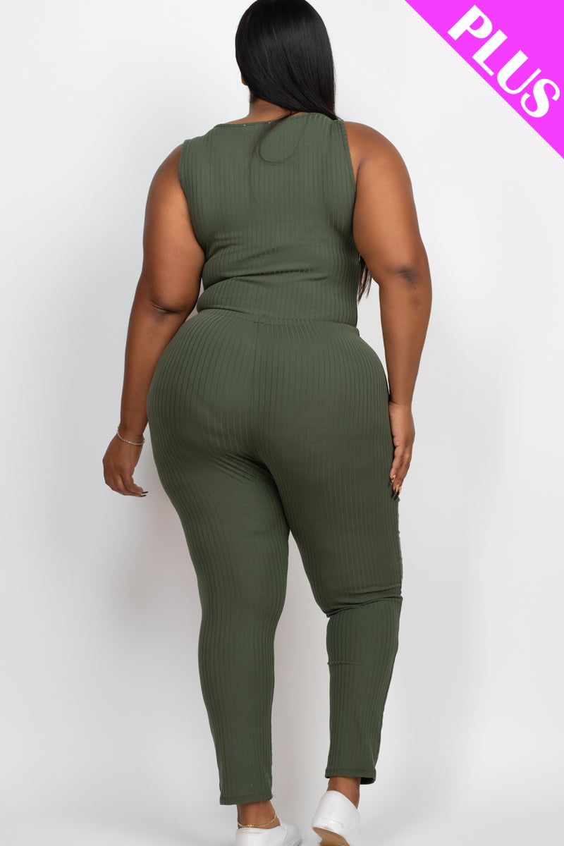 Plus Size Ribbed Sleeveless Drawstring Waist Jumpsuit