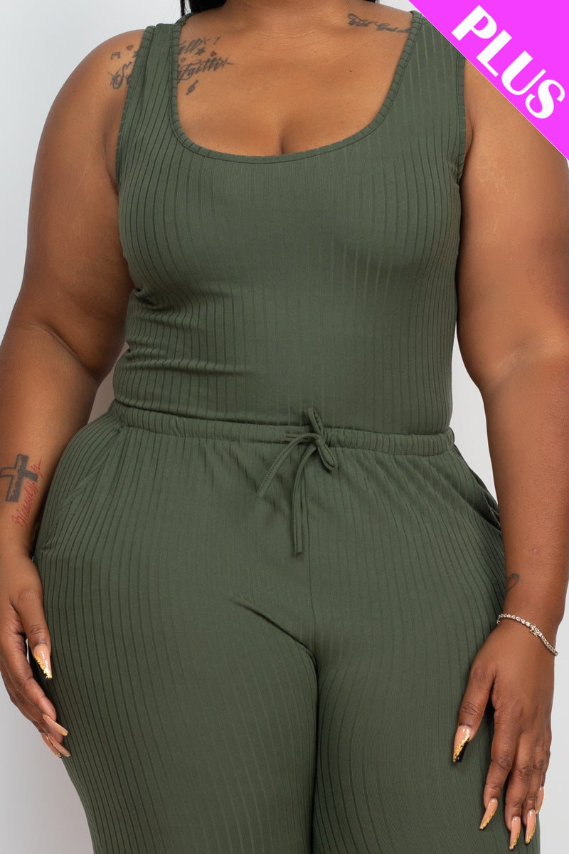 Plus Size Ribbed Sleeveless Drawstring Waist Jumpsuit