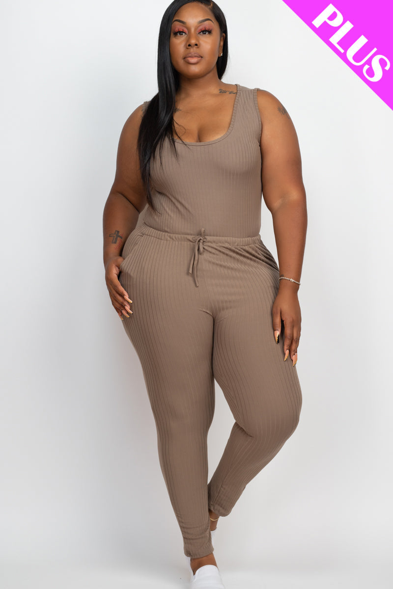 Plus Size Ribbed Sleeveless Drawstring Waist Jumpsuit