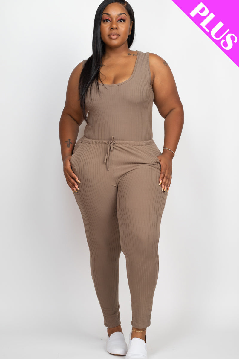 Plus Size Ribbed Sleeveless Drawstring Waist Jumpsuit