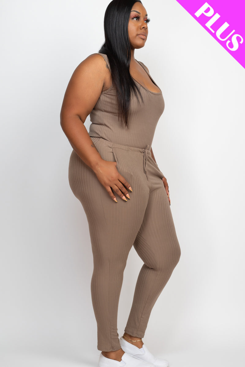 Plus Size Ribbed Sleeveless Drawstring Waist Jumpsuit