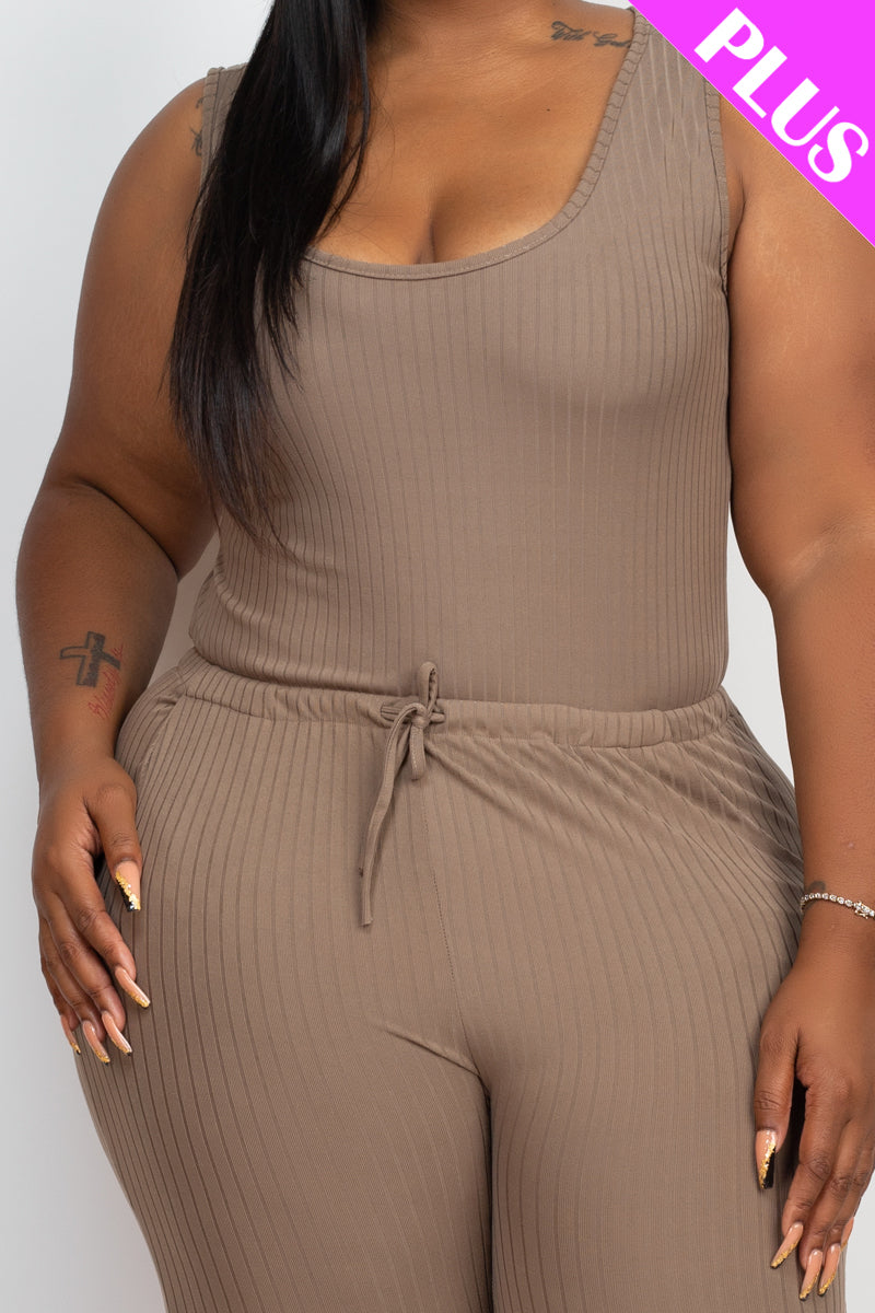 Plus Size Ribbed Sleeveless Drawstring Waist Jumpsuit