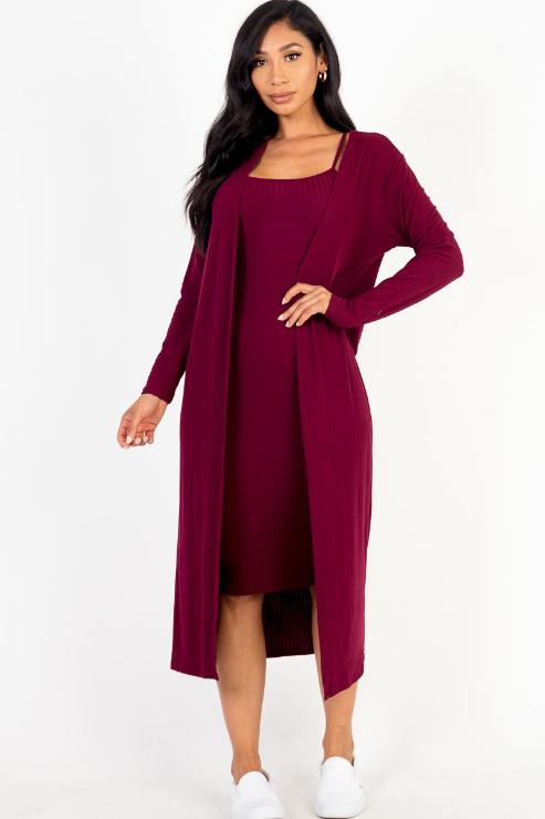 Ribbed Cardigan & Cami Midi Bodycon Dress