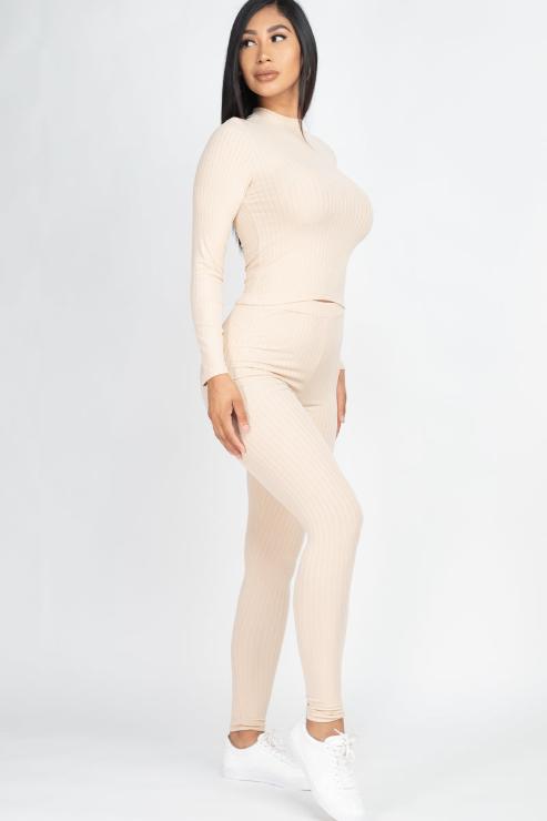 Ribbed Mock Neck Long Sleeve Top & Leggings Set