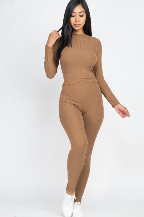 Ribbed Mock Neck Long Sleeve Top & Leggings Set