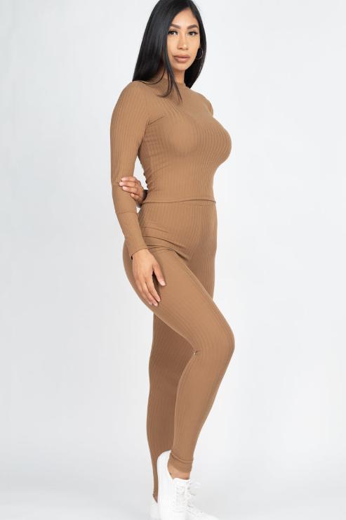 Ribbed Mock Neck Long Sleeve Top & Leggings Set