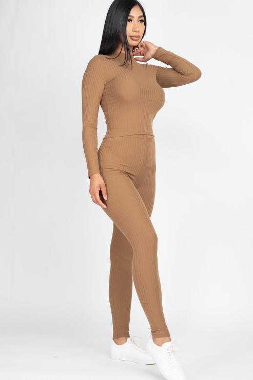 Ribbed Mock Neck Long Sleeve Top & Leggings Set