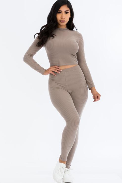 Ribbed Mock Neck Long Sleeve Top & Leggings Set