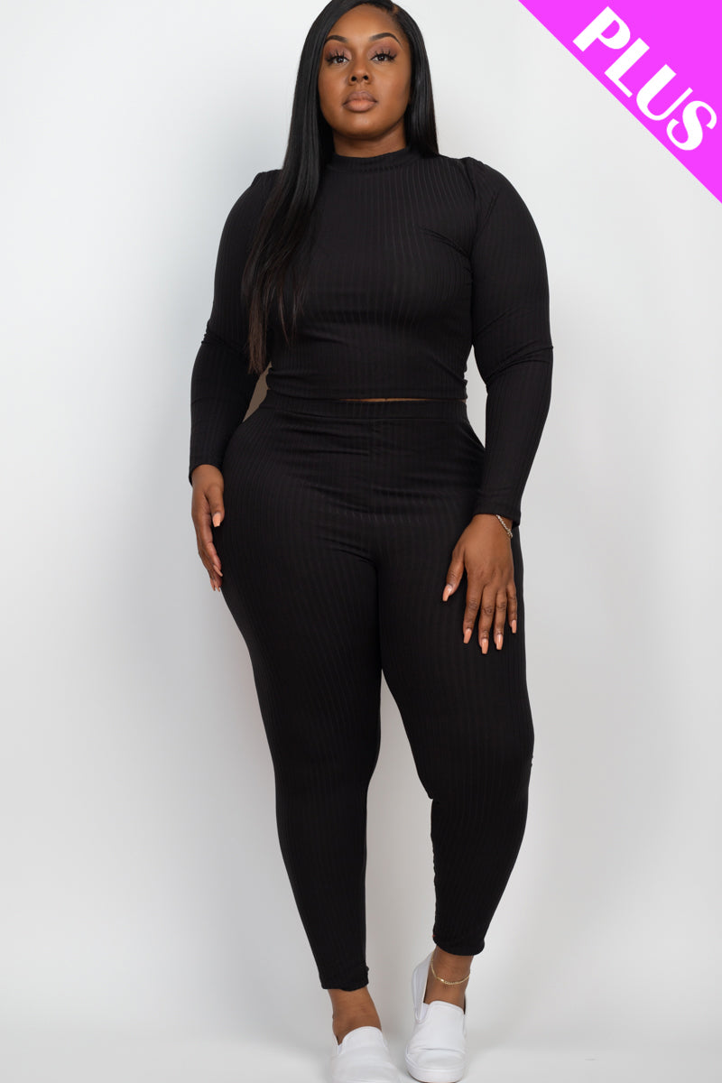 Plus Size Ribbed Mock Neck Long Sleeve Top & Leggings Set