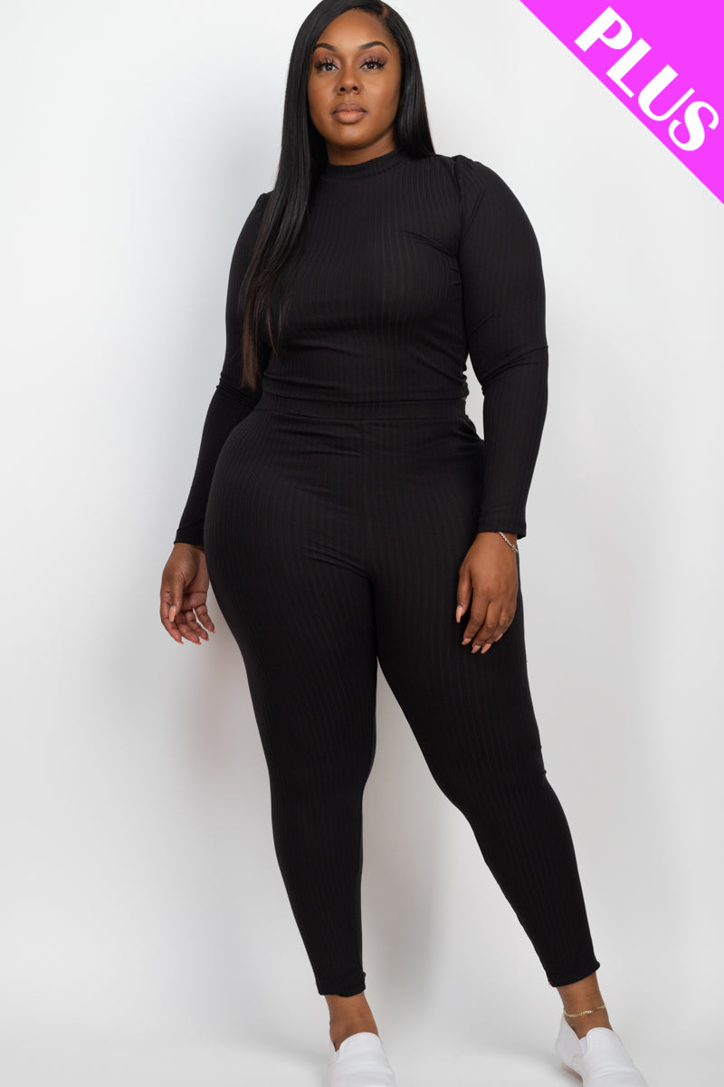 Plus Size Ribbed Mock Neck Long Sleeve Top & Leggings Set