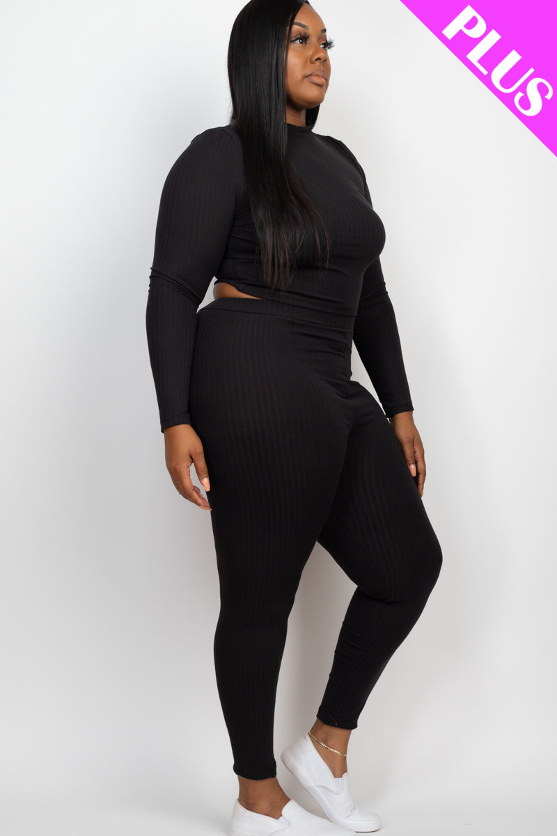 Plus Size Ribbed Mock Neck Long Sleeve Top & Leggings Set