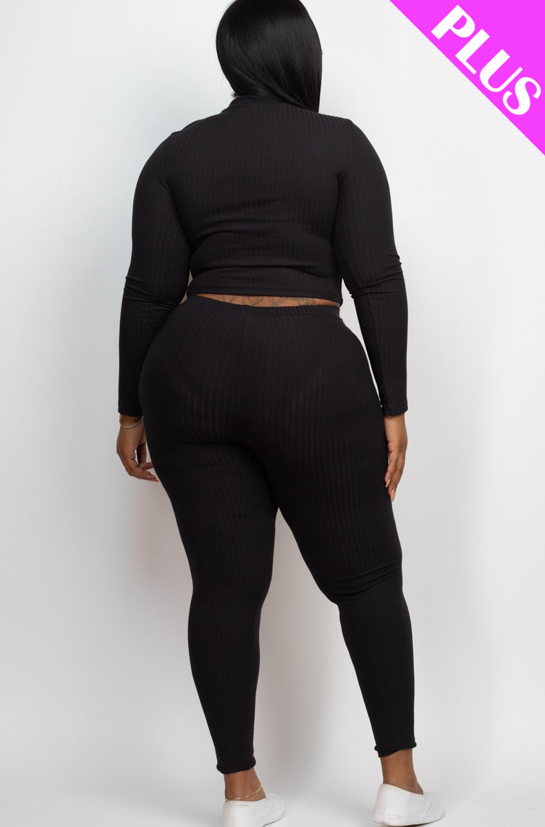 Plus Size Ribbed Mock Neck Long Sleeve Top & Leggings Set