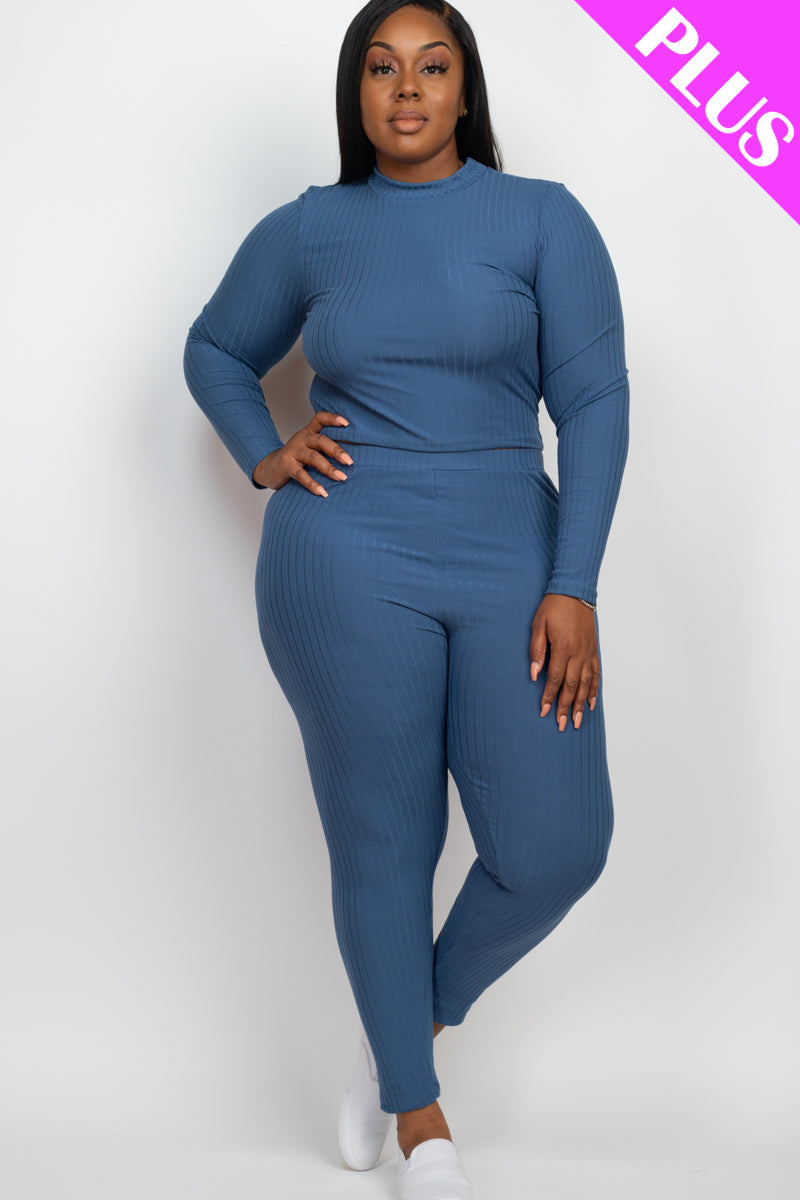 Plus Size Ribbed Mock Neck Long Sleeve Top & Leggings Set