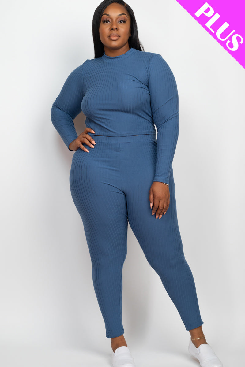 Plus Size Ribbed Mock Neck Long Sleeve Top & Leggings Set