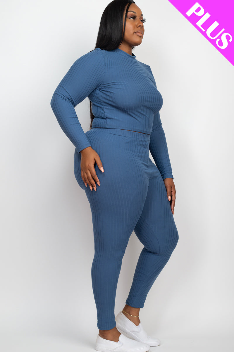 Plus Size Ribbed Mock Neck Long Sleeve Top & Leggings Set