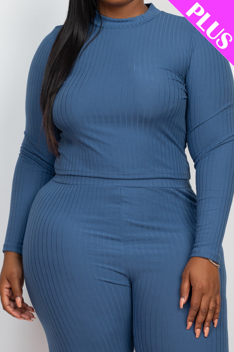 Plus Size Ribbed Mock Neck Long Sleeve Top & Leggings Set