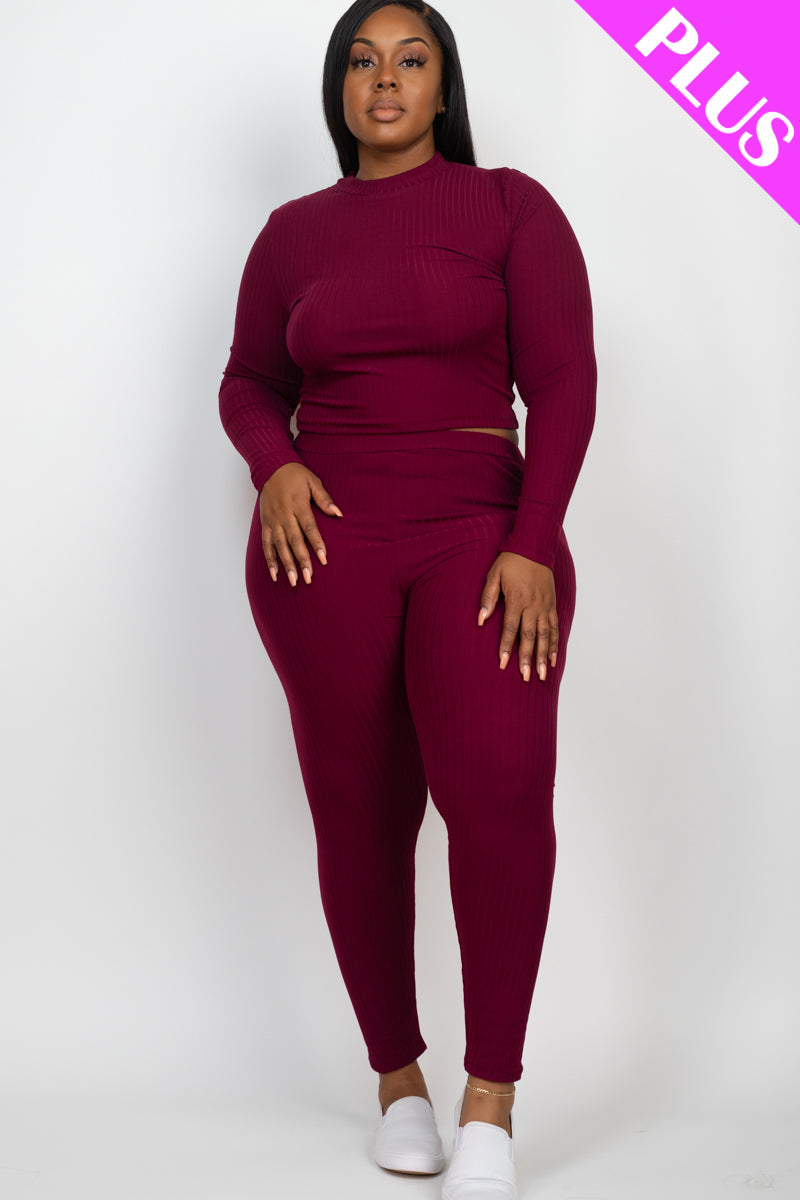 Plus Size Ribbed Mock Neck Long Sleeve Top & Leggings Set