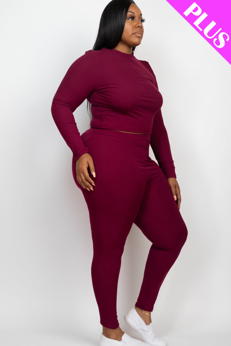 Plus Size Ribbed Mock Neck Long Sleeve Top & Leggings Set