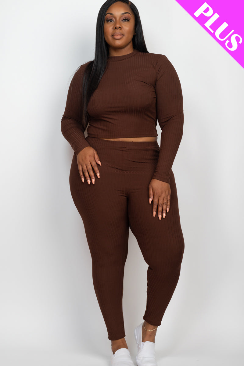 Plus Size Ribbed Mock Neck Long Sleeve Top & Leggings Set