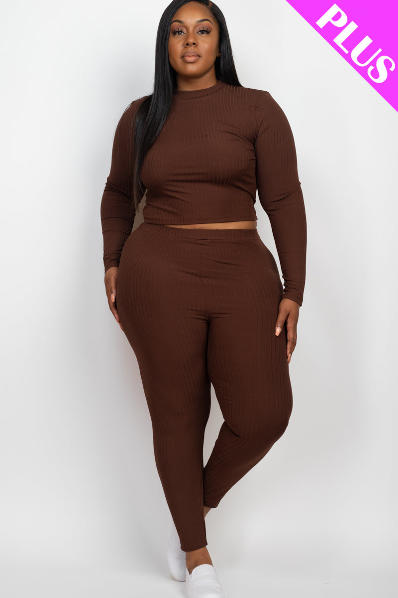 Plus Size Ribbed Mock Neck Long Sleeve Top & Leggings Set