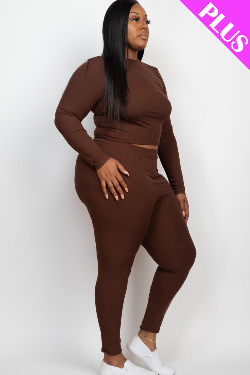 Plus Size Ribbed Mock Neck Long Sleeve Top & Leggings Set