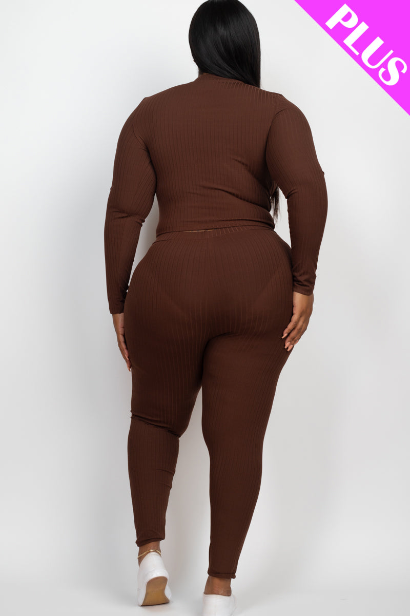 Plus Size Ribbed Mock Neck Long Sleeve Top & Leggings Set