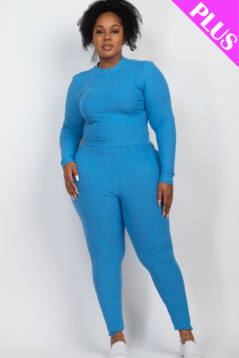 Plus Size Ribbed Mock Neck Long Sleeve Top & Leggings Set