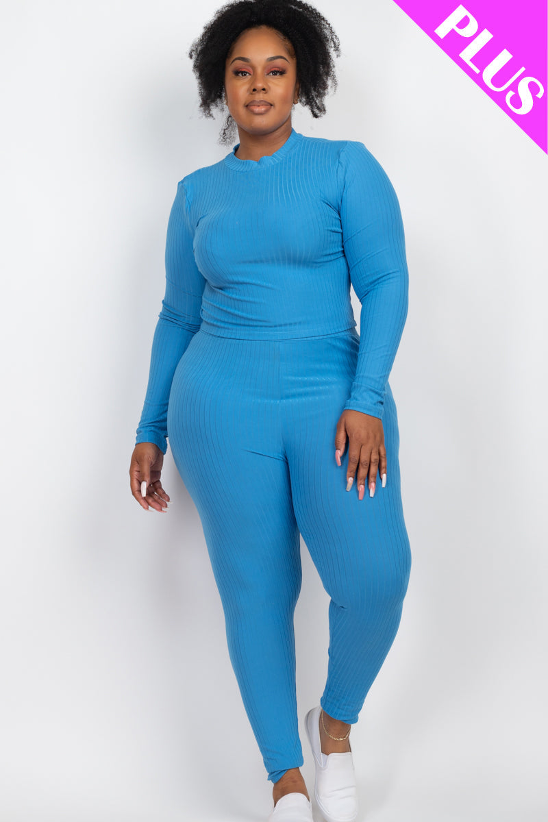 Plus Size Ribbed Mock Neck Long Sleeve Top & Leggings Set