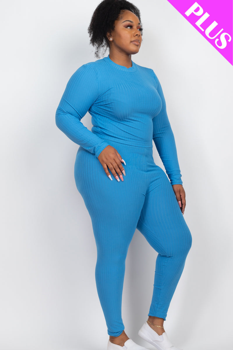 Plus Size Ribbed Mock Neck Long Sleeve Top & Leggings Set