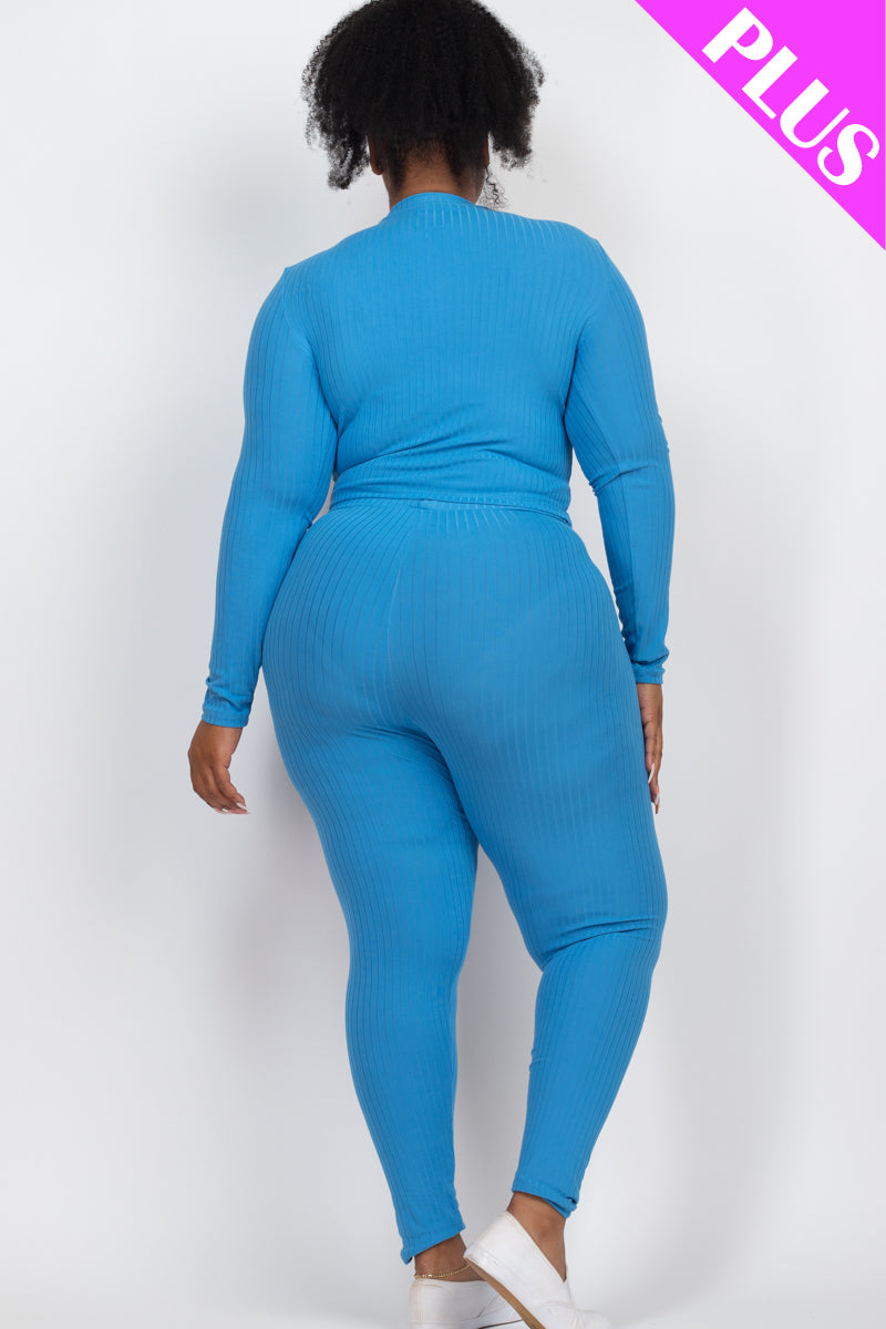 Plus Size Ribbed Mock Neck Long Sleeve Top & Leggings Set