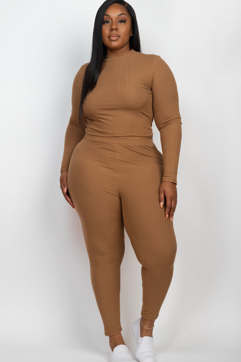 Plus Size Ribbed Mock Neck Long Sleeve Top & Leggings Set